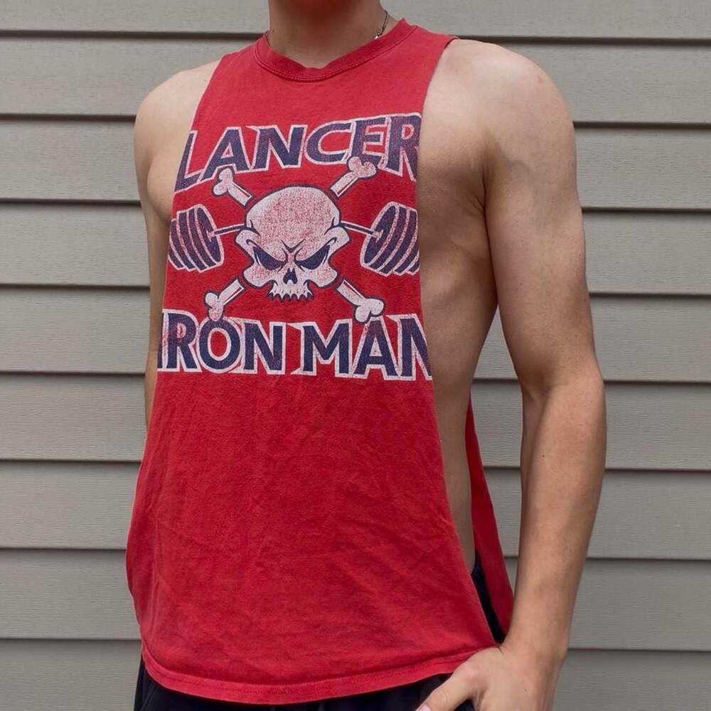Vintage Y2K Lancer Iron Man Thrashed Tank Top Red Muscle Tee Size M